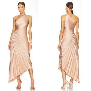 A.L.C. One-Shoulder Pleated Midi Dress in Rose Gold